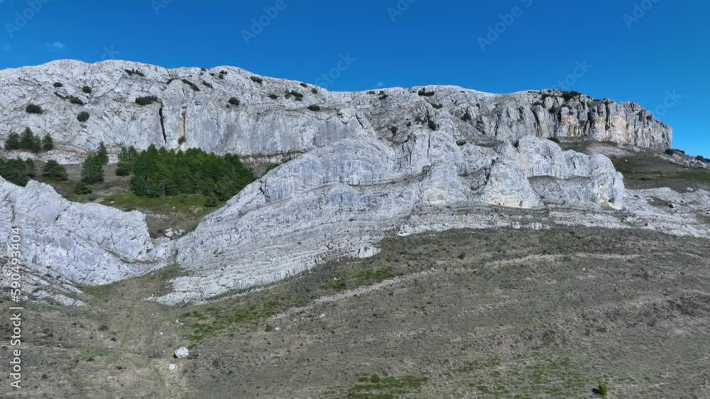 Strata, folds and faults in the surroundings of the hanging Syncline of Peña Castillo in Ordejon de Arriba. Las Loras Geopark. Burgos. Castile and Leon. Spain, Europe Strata, folds and faults in the surroundings of the hanging Syncline of Peña Castillo in Ordejon de Arriba. Las Loras Geopark. Burgos. Castile and Leon. Spain, Europe