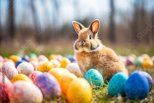 Photo of cute fluffy easter bunny sitting on pile of colorful easter eggs on a spring meadow, generative AI © Christian