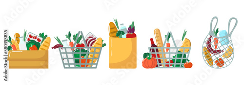 Vector set of grocery bags icon isolated on white background. Shopping paper package, supermarket basket, turtle bag and box with fresh food. Eco-friendly, reusable concept.