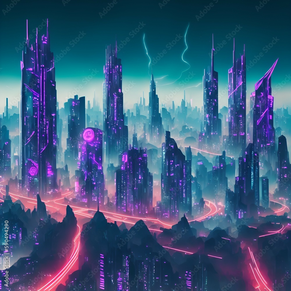 Futuristic cityscape with towering skyscrapers