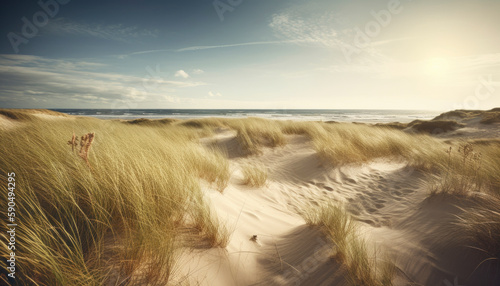 Dune setting by the coast of Denmark in the summer with lyme grass in the sand