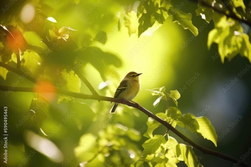 yellow and green bird in a tree on a branch with green leafs yellow and green bird in a tree on a branch with green leafs