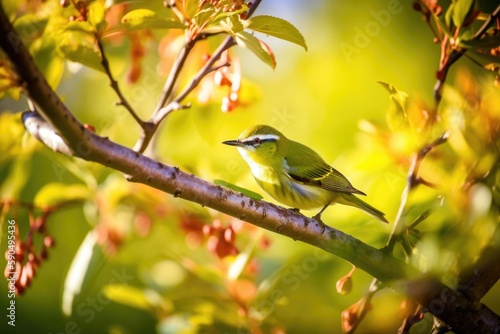 yellow and green bird in a tree on a branch with green leafs