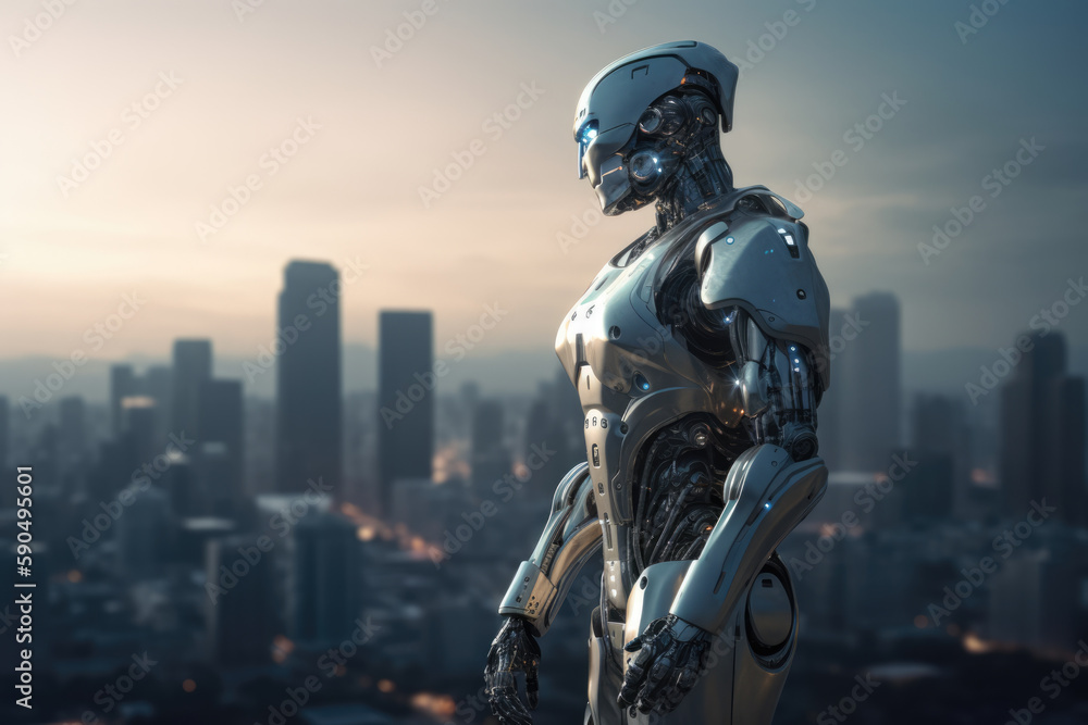 Artificial intelligence robot looking at the city. Futuristic concept. Generative AI Artificial intelligence robot looking at the city. Futuristic concept. Generative AI