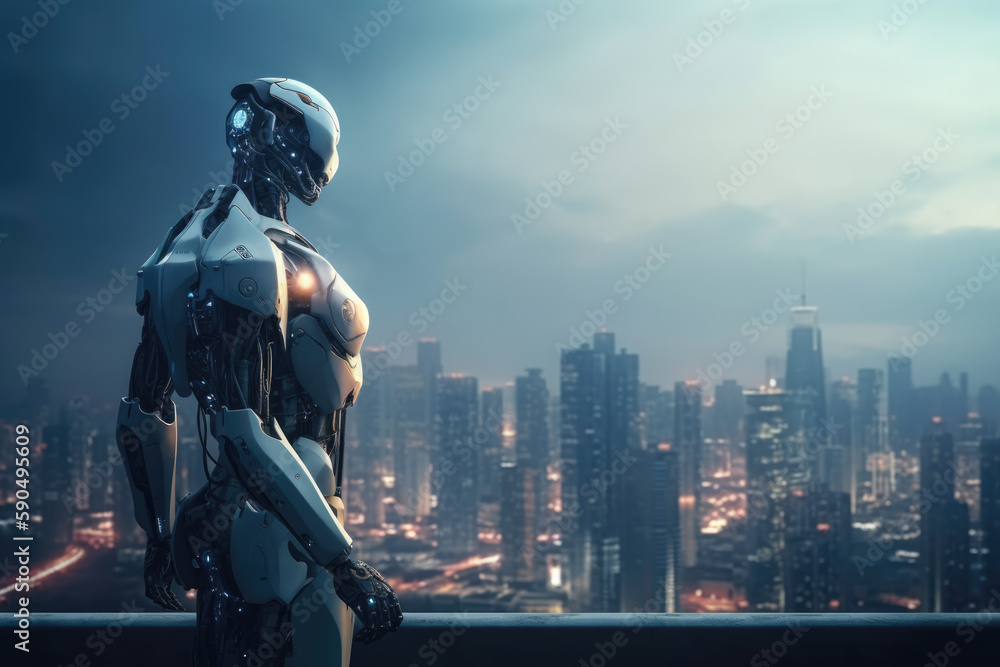 Artificial intelligence robot looking at the city. Futuristic concept. Generative AI Artificial intelligence robot looking at the city. Futuristic concept. Generative AI