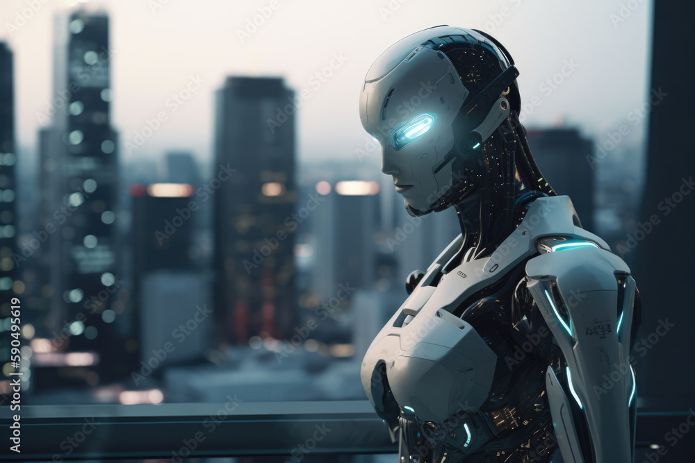 Artificial intelligence robot looking at the city. Futuristic concept. Generative AI Artificial intelligence robot looking at the city. Futuristic concept. Generative AI