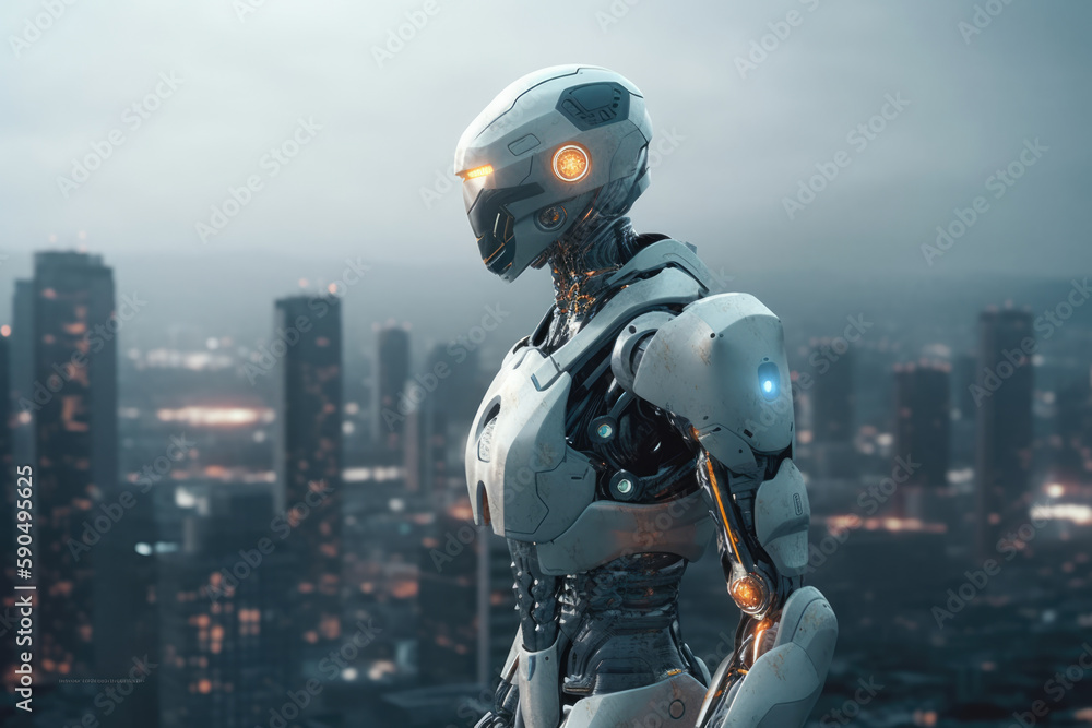 Artificial intelligence robot looking at the city. Futuristic concept. Generative AI Artificial intelligence robot looking at the city. Futuristic concept. Generative AI