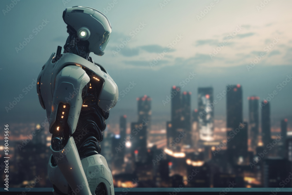 Artificial intelligence robot looking at the city. Futuristic concept. Generative AI Artificial intelligence robot looking at the city. Futuristic concept. Generative AI