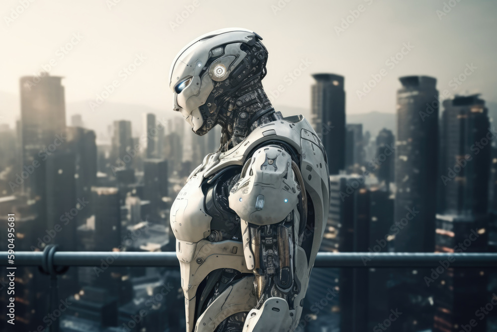 Artificial intelligence robot looking at the city. Futuristic concept. Generative AI Artificial intelligence robot looking at the city. Futuristic concept. Generative AI
