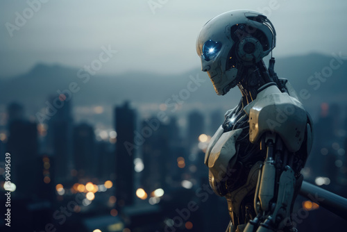 Artificial intelligence robot looking at the city. Futuristic concept. Generative AI