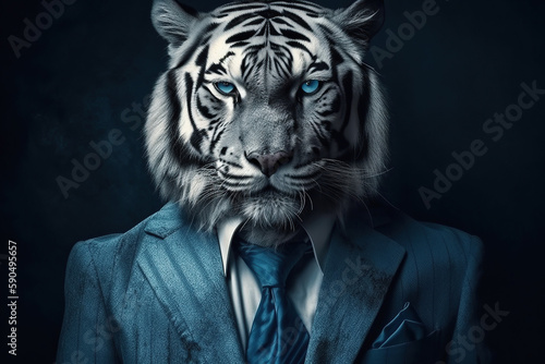 Portrait of a Tiger in a classic blue suit and glasses. Illustration of Generative AI. The bodyguard. Mafia.