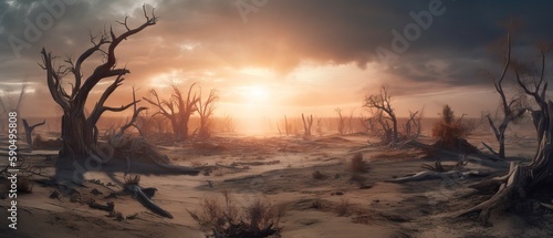 runks of dried dead trees, vast desert with cracked arid soil, summer, desery, Landscape of dry cracked earth, Generated AI photo