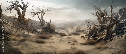runks of dried dead trees, vast desert with cracked arid soil, summer, desery, Landscape of dry cracked earth, Generated AI © Gasi