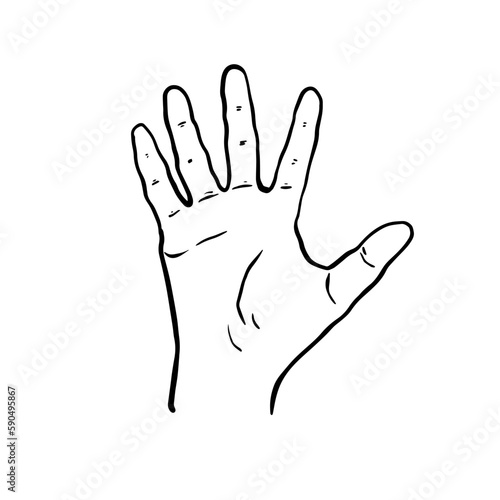 Sketch of sign Hi, Hand with five fingers. Open palm showing number five or Hello gesture. Vector illustration in outline style isolated on white background.