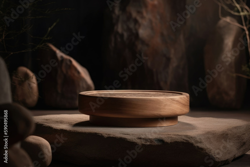 Natural round wood stand for product presentation, surrounded by rocks, neutral background. Nature scene. Wood frame showcase. Minimal studio. Generative AI