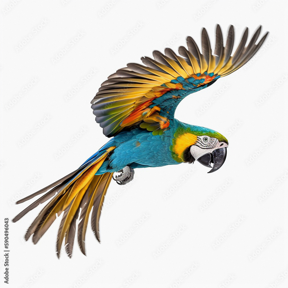 Fototapeta premium Yellow-breasted Macaw (Ara ararauna), in front of white background, AI-generated