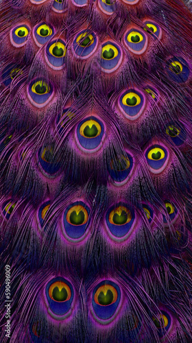 close up Peacock feathers of tail texture, purple color tone