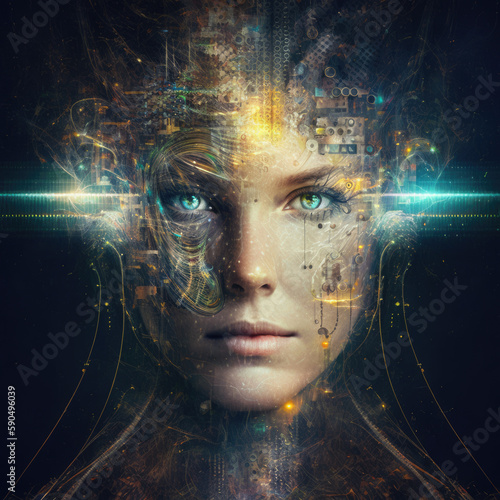 Human Girl Head with Glowing Artificial Intelligence Technology. Science Futuristic Human Brain. AI technology. Future of Artificial Intelligence. Generative Ai.