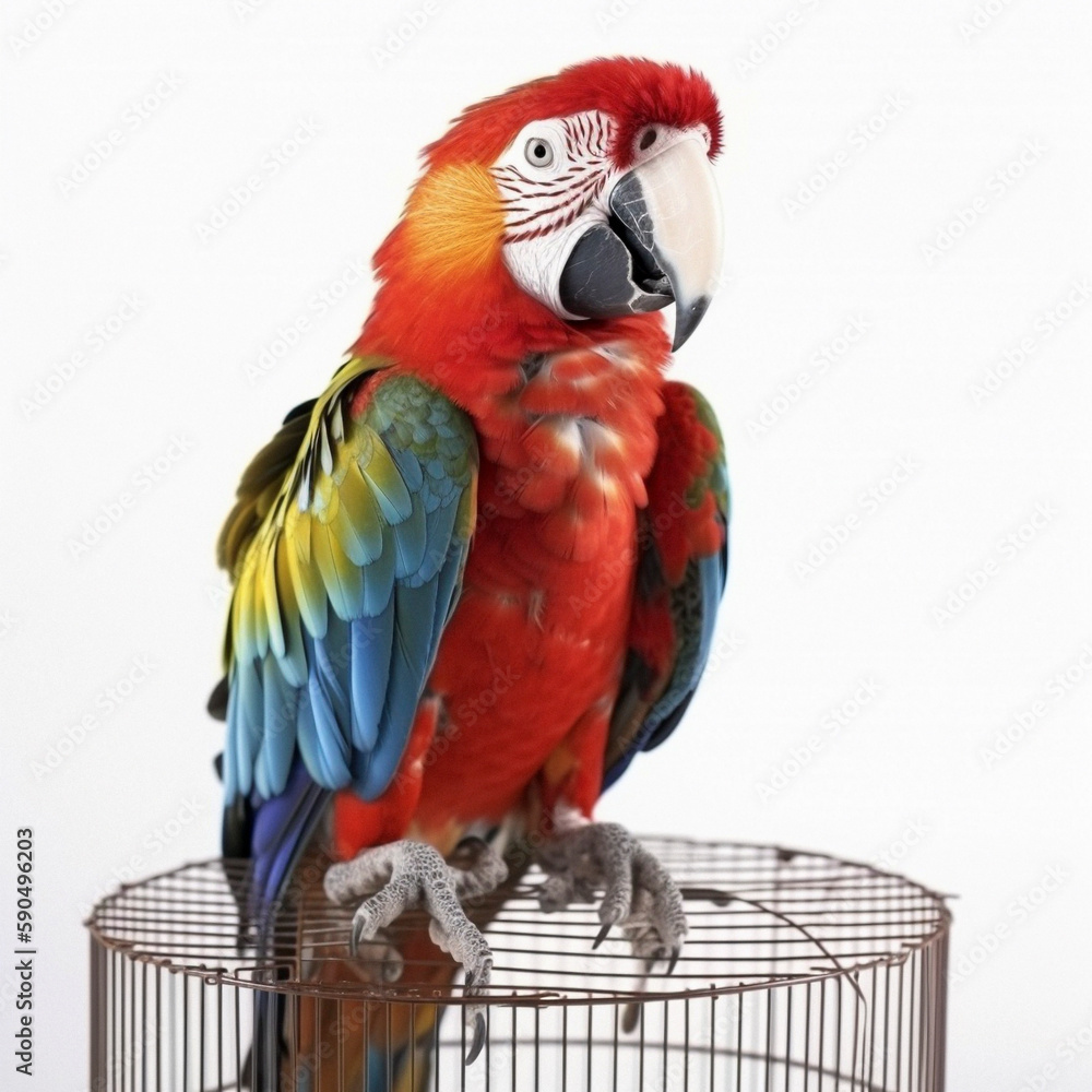 Fototapeta premium Yellow-breasted Macaw (Ara ararauna), in front of white background, AI-generated