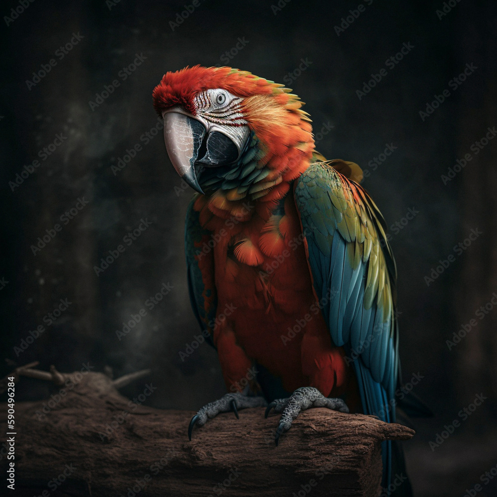 Fototapeta premium Blue-breasted Macaw (Ara ararauna), against black background, AI-generated