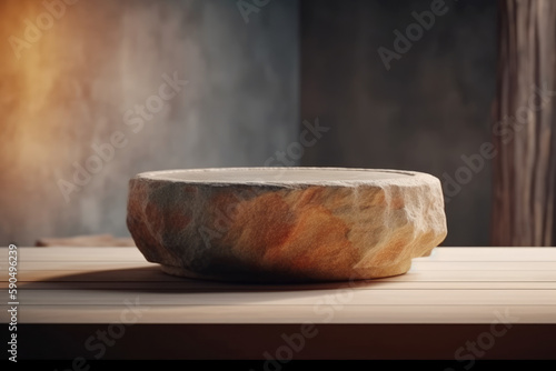 Natural round stone stand for product presentation. Clean and minimalist background. Generative AI