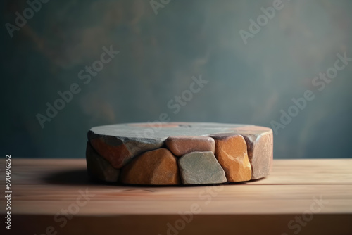Natural round stone stand for product presentation. Clean and minimalist background. Generative AI