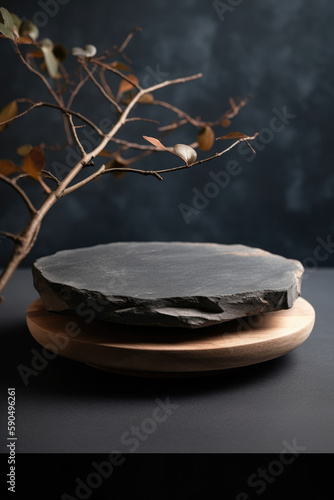 Natural round stone stand for product presentation. Clean and minimalist background. Generative AI