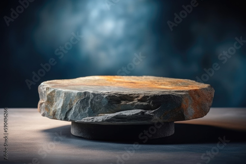 Natural round stone stand for product presentation. Clean and minimalist background. Generative AI