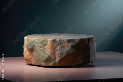 Natural round stone stand for product presentation. Clean and minimalist background. Generative AI