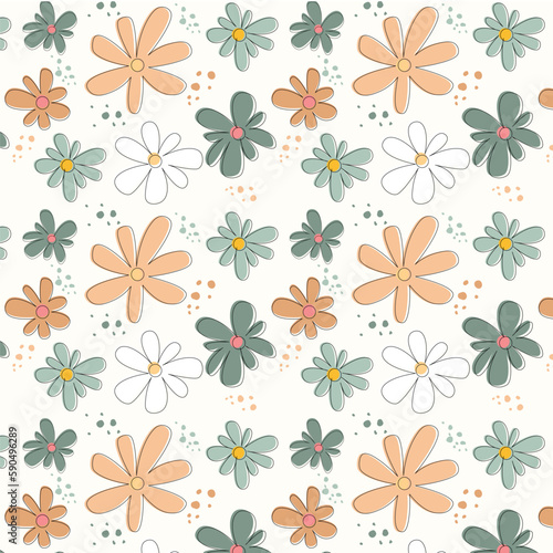 Cute daisy vector pattern background, retro flowers, groovy flower