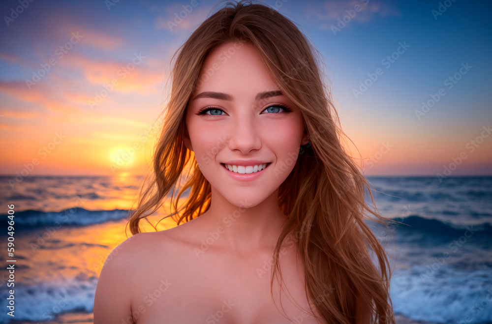 Naked woman on background of seascape. Portrait of young female smiling on background of ocean, sea at sunset. Generative AI.