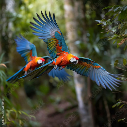 Blue-breasted Macaw (Ara ararauna), in natural environment, AI-generated