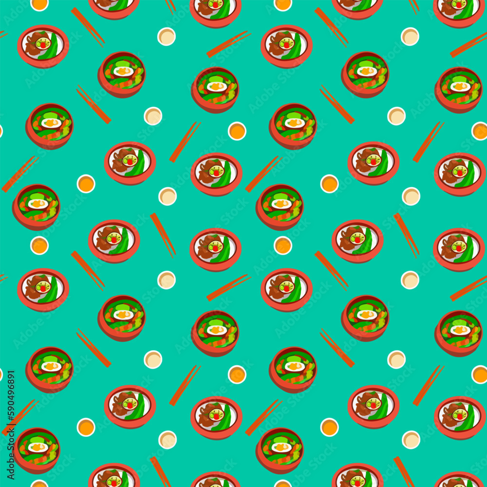 Fototapeta premium Vector pattern with Japanese food, ramen soup in cartoon style.
