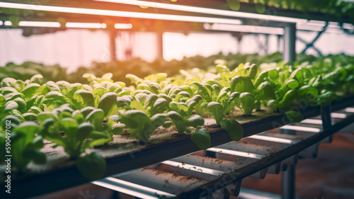 Hydroponic farm in greenhouse, Generative AI