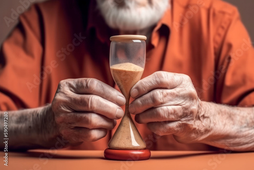 Close-up of an elderly man's hands holding an hourglass with sand almost run out, symbolizing the passage of time, aging, and memory loss related to Alzheimer's and dementia. Generative AI