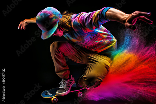 Skateboarder performing a low position drive or jump, vibrant rainbow colors, black background with orange, red, violet, neon, particles. Generative AI photo
