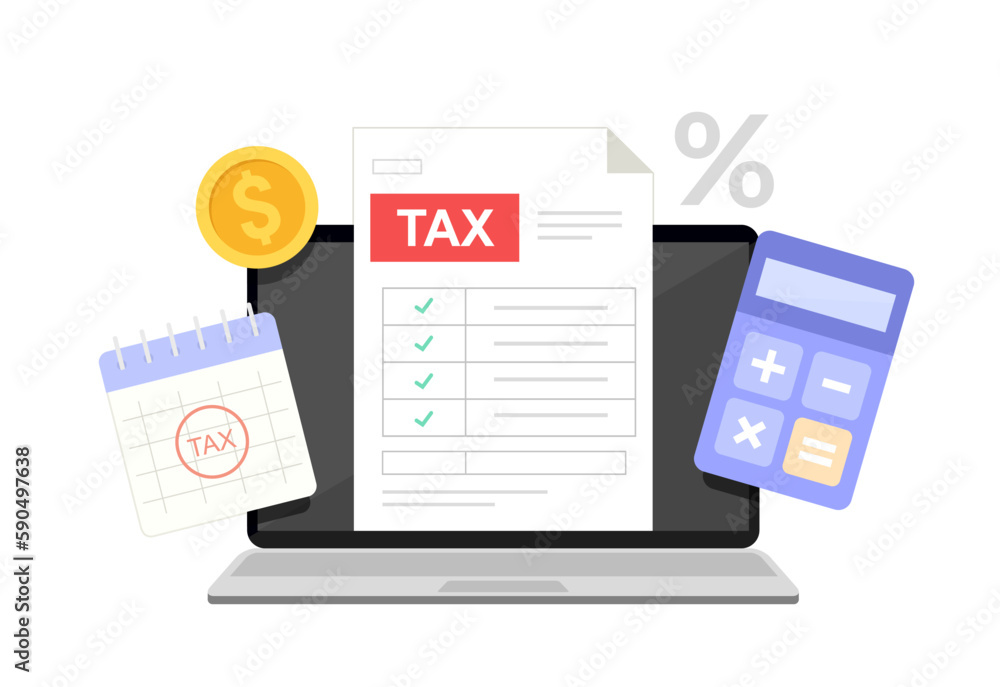 Online tax payment concept. Filling tax form. Calculation of tax return. Laptop with tax form, calculator and calendar. Flat vector illustration. - obrazy, fototapety, plakaty 
