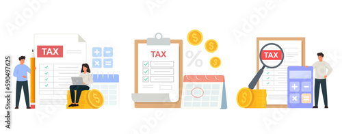 Tax illustration set. Characters calculating and paying invoice. Flat vector illustration of taxation concept. Income reporting and revenue declaration.