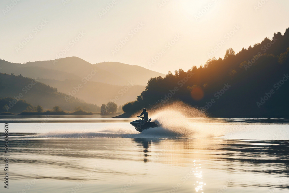Motor boat cruising on the lake with man driving, mountain in background and water in foreground at sunset. Generative AI