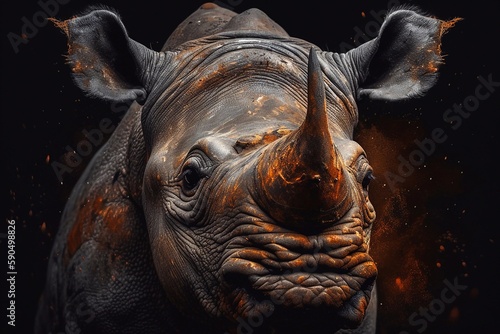 Dangerous mammal with a big horned face, a rhinoceros. Generative AI