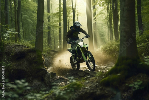 Man riding a motorcycle through a lush green forest. Generative AI