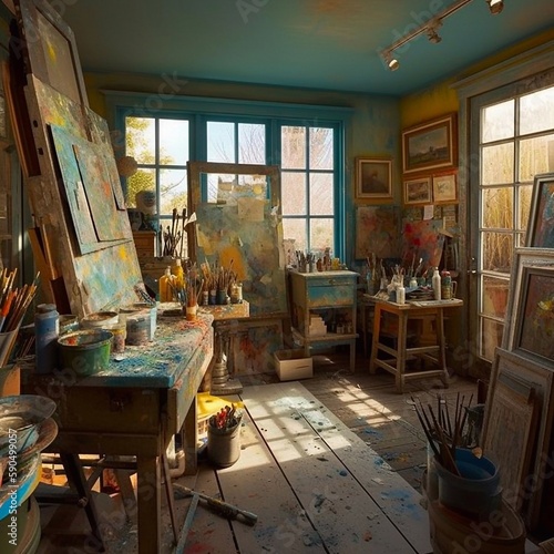Interior of artist studio with painting supplies. Generative AI