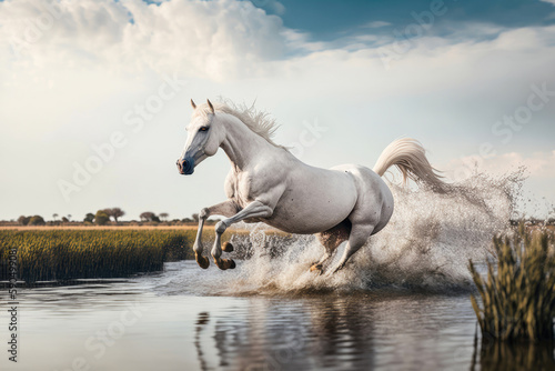 A horse galloping across marshlands. Generative AI