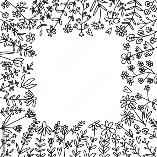 Vector doodle wild flowers frame illustration. Hand drawn different kinds of flowers frame
