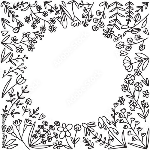 Vector doodle wild flowers frame illustration. Hand drawn different kinds of flowers frame