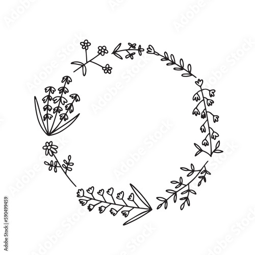Vector wreath with doodle flowers. Hand drawn wreath with many summer flowers isolated