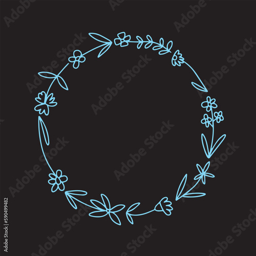 Vector wreath with doodle flowers. Hand drawn wreath with many summer flowers isolated