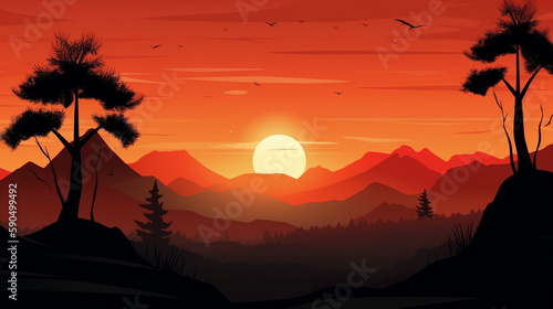 Generate a description of a sunrise over a beautiful natural landscape in 300 words. Leave only nouns and adjectives. Separate the words with commas. Generative AI