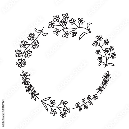 Vector wreath with doodle flowers. Hand drawn wreath with many summer flowers isolated