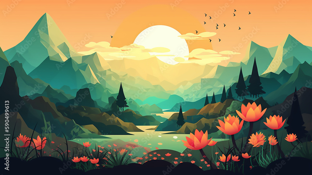 Generate a description of beautiful spring nature with mountains, a river, flowers, trees, and greenery in 200 words. Leave only nouns and adjectives. Separate the words with comma Generative AI